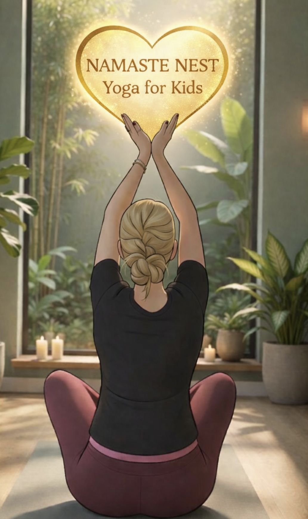 Namaste Nest illustration: a person in a yoga pose holding a glowing golden heart reading Namaste Nest, Yoga for Kids